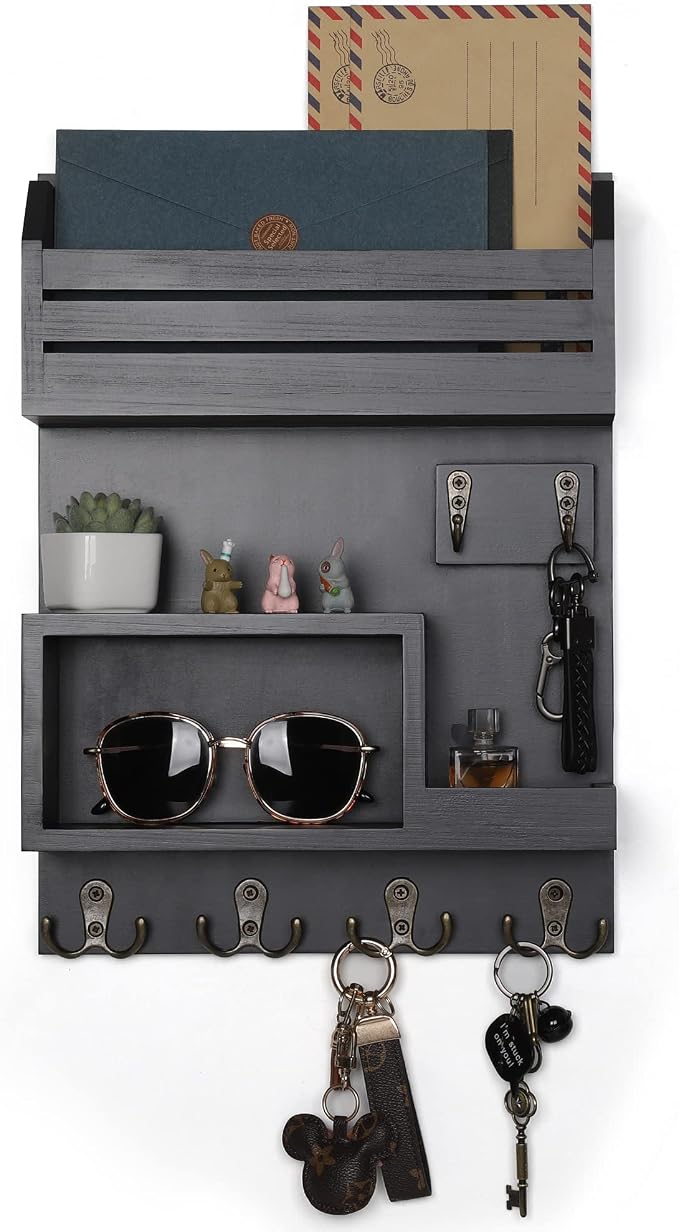 Key Holder for Wall, Wall Mounted Mail Organizer with 6 Metal Key Hooks, Key Racks for Home Entryway Decor, Luxury Black