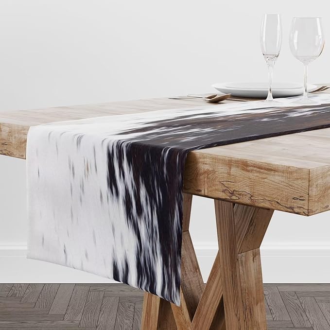 Cow Print Table Runner, Black White Cowhide Print Western Style Table Runner Country Farmhouse Cottage Cow Patten Table Decoration for Home Kitchen Dining 13x120 Inch
