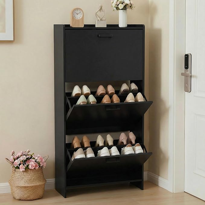 Shoe Cabinet with 3 Flip Drawers, Narrow Shoe Rack Cabinet，Morden Shoe Storage Cabinet，Freestanding Shoe Storage Cabinet for Hallway or Hallway, Black