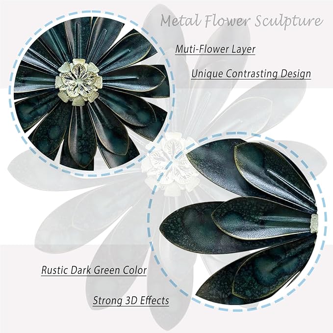 Novbvia Metal Flower Wall Sculpture, 12" Rustic Modern Floral Artwork, Distressed 3D Layered Iron Flower Wall Hanging Accent for Indoor/Outdoor, Kitchen,Living Room Office Garden Decor (Dark Green)