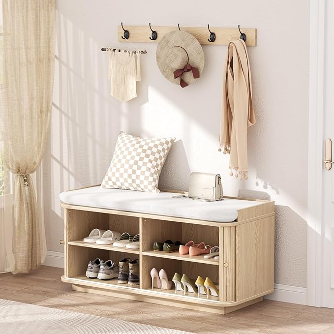 Hall Tree with Bench and Shoe Storage, Entryway Bench with Sliding Door Cabinet, Removable Padded, Metal Wall Hooks and Adjustable Storage Compartments, for Entry, Hallway, Living Room, Oak