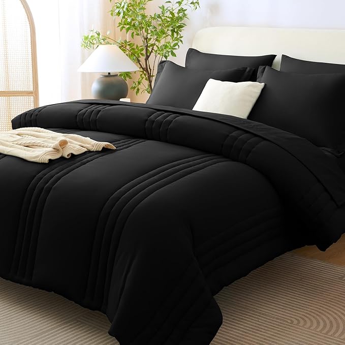 CozyLux Full Size Comforter Sets - 7 Piece Bed in a Bag Black Comforter Set with Sheets Luxury Bed Set All Seasons, Soft Bedding Set with Down Alternative Comforter, Sheets, Pillowcases & Shams