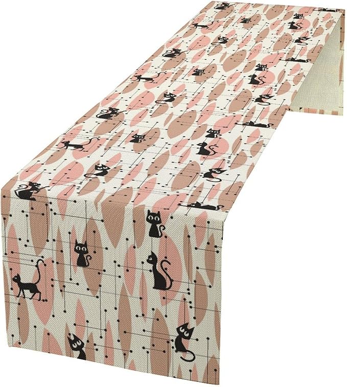Mid Century Table Runner Vintage Pink Abstract Geometric Atomic Star Retro Black Cat Dining Table Decoration for Kitchen Dining Room 13x120in
