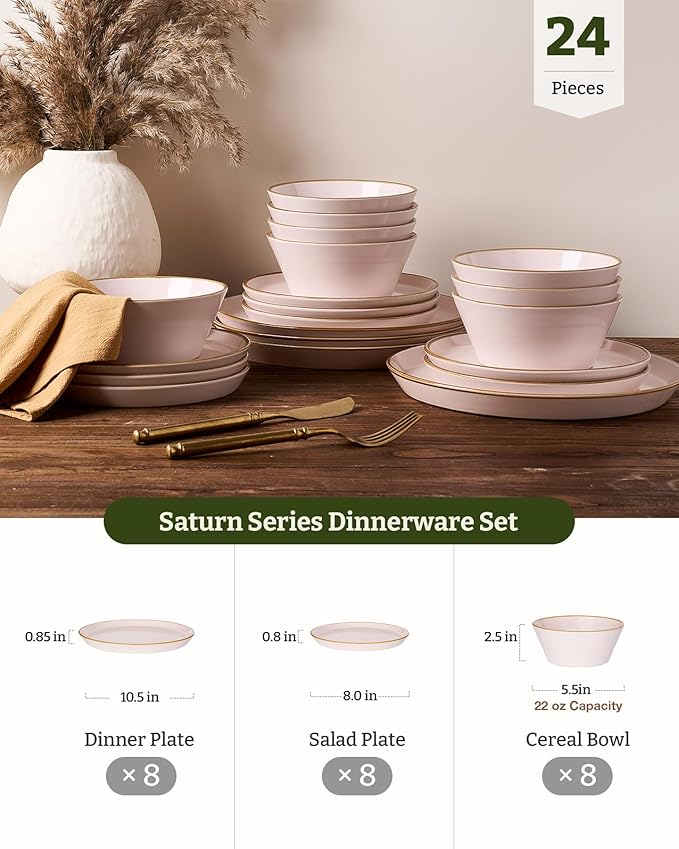 Famiware Saturn Stoneware Dinnerware Sets for 8 (24 Pieces), Ceramic Plates and Bowls Dish Sets with Hand-Painted Trim - Chip & Scratch Resistant, Microwave & Dishwasher Safe Tableware, Light Pink