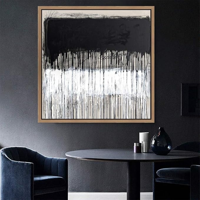 SIGNWIN Framed Canvas Print Wall Art Dripping Black & White Color Blocks Abstract Shapes Illustrations Modern Art Alternative Multicolor Dark for Living Room, Bedroom, Office - 16"x16" Natural