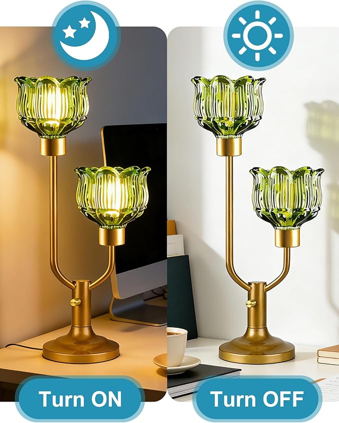 Lightdot Mid Century Modern Glass Green Table Lamp Dimmable U-Shaped Gold Desk Lamp with Lotus Glass Shade & 2Pcs Bulbs Included 3000K Warmwhite Nightstand Lamp for Living Room Bedroom End Table