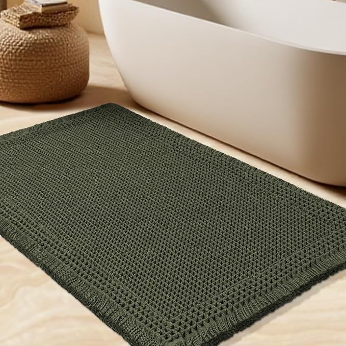 Waffle Bath Mat, Boho Woven Modern Bath Rug Absorbent Non Slip, Ultra Soft Bathroom Mats, Machine Washable Knit Bath Rugs with Border for Bathroom, Bedroom, Kitchen, Shower, Tub, 36"x24", Dark Green