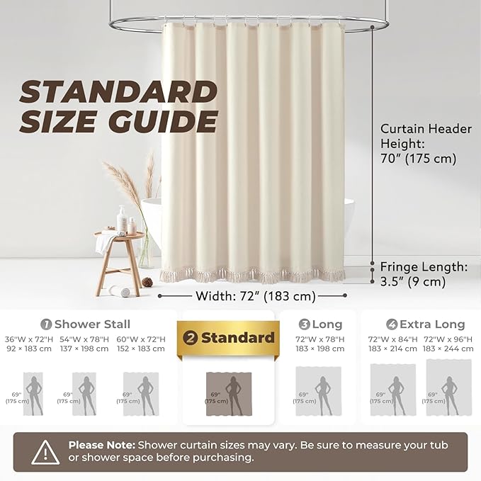 Linen Shower Curtain Boho Beige Shower Curtains for Bathroom Thick Fabric Shower Curtain with Tassels Neutral Shower Curtains Rustic Farmhouse Bath Decor 72 Inch