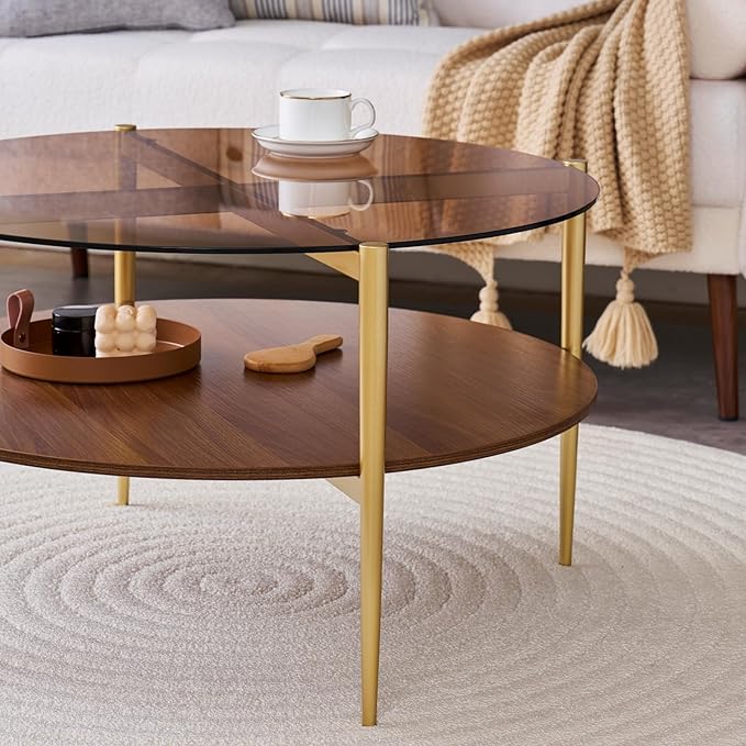 LumFurn Round Coffee Table, Mid-Century Modern Design, D30 x H17, for Living Room, 2-Tier Structure, Amber Glass Top and Walnut MDF Shelf, Sleek Conical Metal Legs with Gold Finish