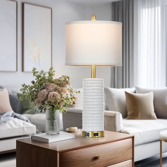 Cinyirong 26" White Table Lamps for Living Room Set of 2, Ceramic Bedroom Lamps for Nightstands, Modern Bedside Lamps for Bedroom Living Room, Nightstand Lamps for End Table, Hallway, Gold and White
