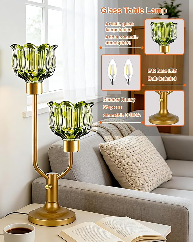 Lightdot Mid Century Modern Glass Green Table Lamp Dimmable U-Shaped Gold Desk Lamp with Lotus Glass Shade & 2Pcs Bulbs Included 3000K Warmwhite Nightstand Lamp for Living Room Bedroom End Table