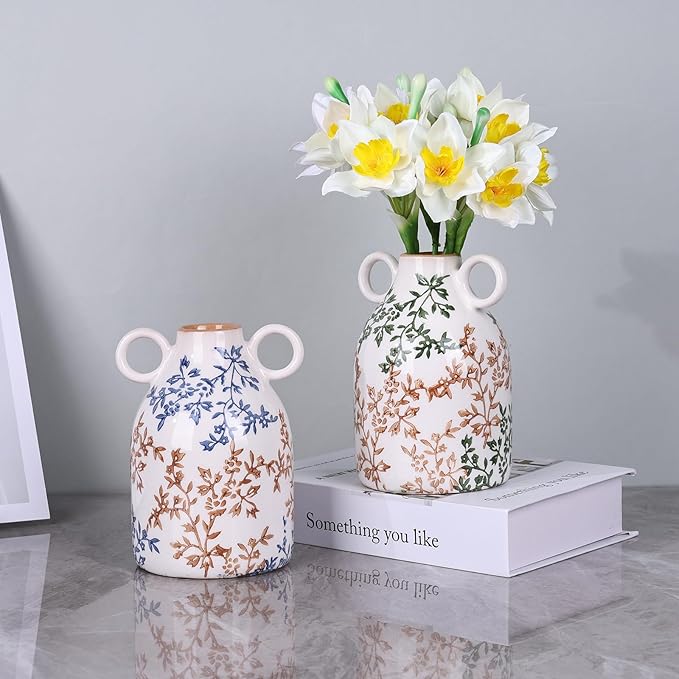 Blue Floral Ceramic Vase with Handle, Nordic Boho Small Vases Side Table Flower Centerpiece, Wide Mouth Single Flower Vase Pampas Grass Decorative - for Home Window Sill Living Dining Room Kitchen