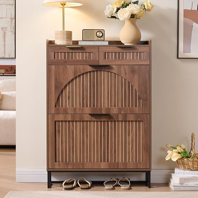Fluted Shoe Cabinet Storage for Entryway – Narrow Shoe Rack with 2 Flip Drawers & 2 Storage Drawers, Freestanding Hidden Shoe Organizer for Foyer, Hallway (Walnut)