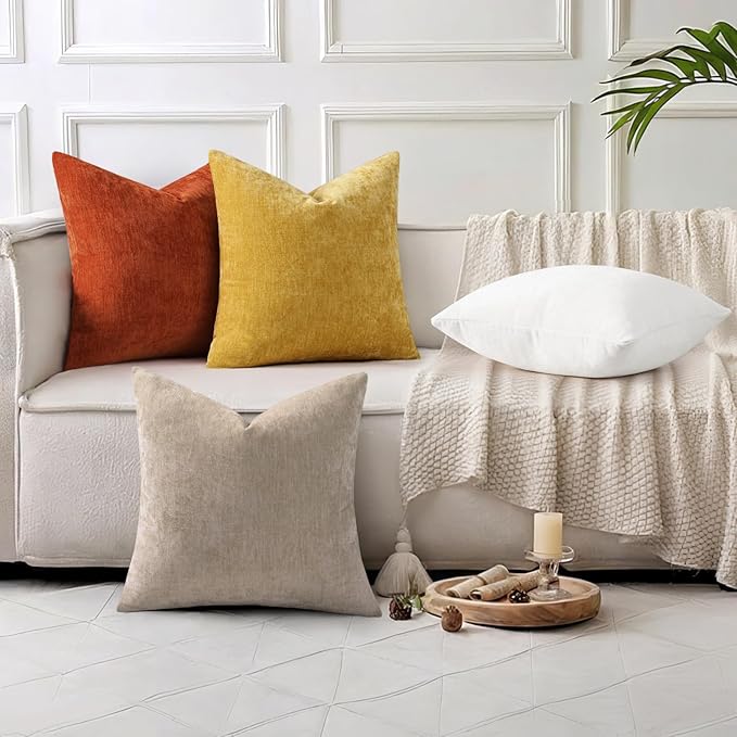decorUhome Chenille Cream White Throw Pillow Covers 22x22 Inch Set of 2, Decorative Soft Couch Pillow Covers Solid Dyed Accent Farmhouse Neutral Square Pillow Cases for Sofa