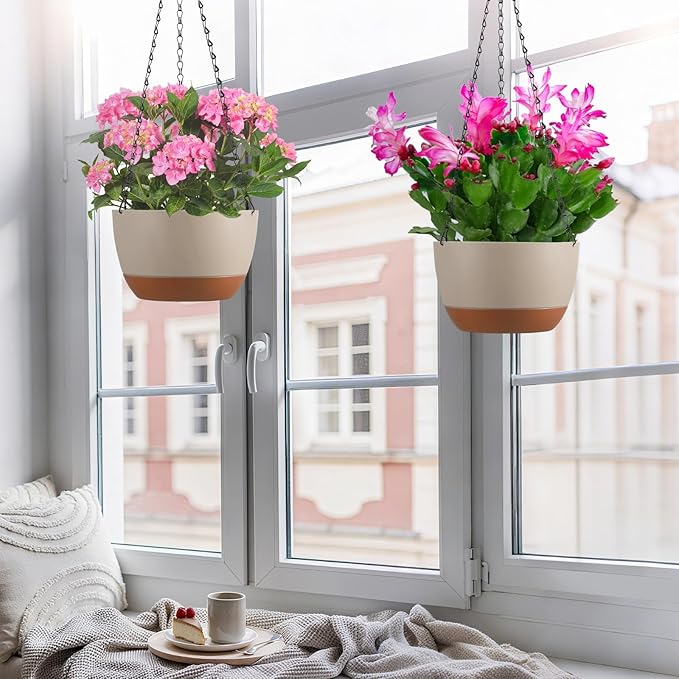 Set of 2 Hanging Planters for Indoor Outdoor Plants, 10 Inch Self-Watering Hanging Flower Pots with Drainage Hole & Removable Water-Storage Tray (Hooks)