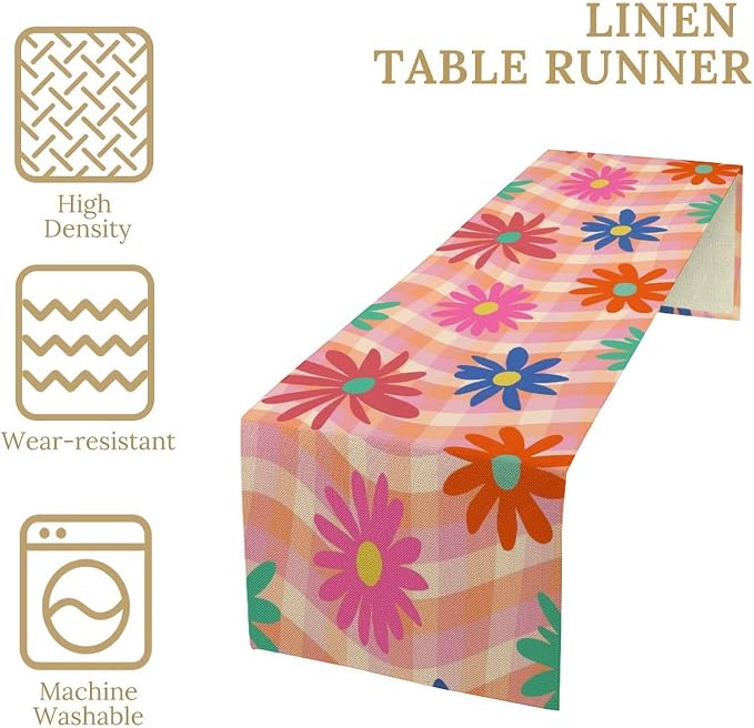 Retro Floral Checkered Table Runner Vintage Gardern Flowers Twisted Colorful Groovy Trendy Hippie Grid Farmhouse Country Dinner Runner for Home Kitchen Dining Table Party Holiday Decor 13"x108"