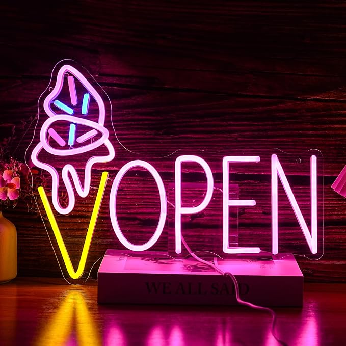 Ice Cream Open Neon Sign LED Light up Ice Cream Sign Dimmable Dessert Open Wall Decor Sign for Business Store Dessert Shop Bar Party Cafe USB Powered （16.5 * 12.6 In）