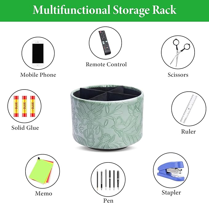 Round Leather Art Supply Organizer,Remote Control Holder,360 Degree Spinning,Multi-Functional Pencil Holder,4 Compartments Desktop Stationary Organizer(1-Carved Dark Green)