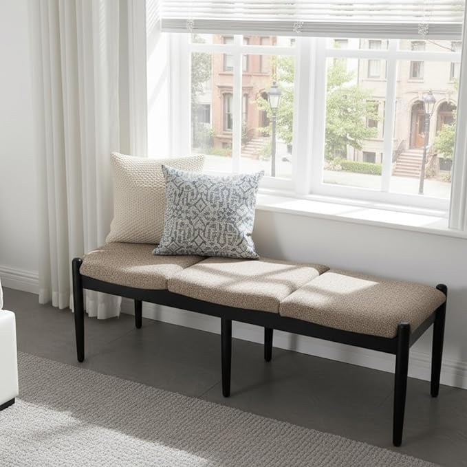 Ya-Home Modern Bedroom Ottoman Bench, 54.25” Linen Upholstered End of Bed Bench, Long Seating Entryway Bench Window Bench with Padded Cushion Solid Wood Legs for Living Room/Hallway, Khaki