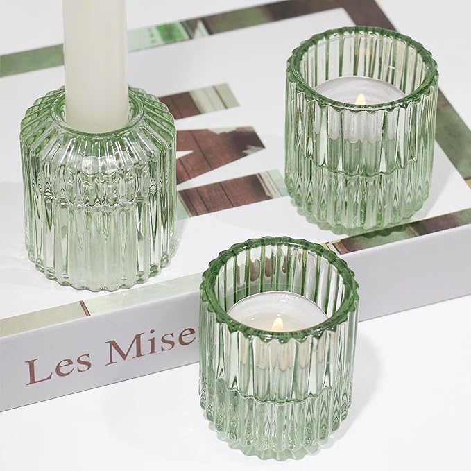 Reversible Green Glass Candle Holder Set of 3, Thick Heat-Resistant Glass Candlestick Holders for Taper, Tealight, Votive, LED Candles, Perfect for Wedding, Party, Home Décor