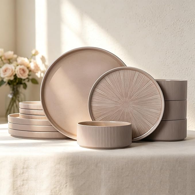Dinnerware Sets for 4, Ceramic Plates and Bowls Set 12 Piece Dinnerware Chip Resistant Stoneware with Advanced Inkjet Printing Technology, Dishwasher and Microwave Safe-Dusty Brown