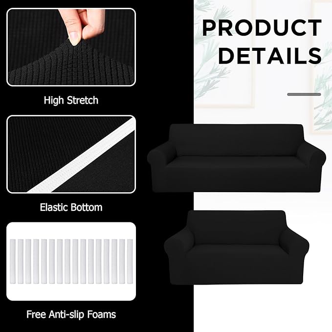 Peryiter 2 Pcs Sofa Covers Couch and Loveseat Covers Set Stretch Sofa Slipcover for Living Room Armchair Furniture Protector, Wrinkle Proof(Black,Jacquard)