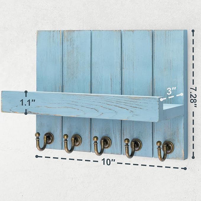 Rebee Vision Decorative Key Holder for Wall - Farmhouse Mail Organizer and Key Hanger Wall Mount for Floating Shelf with Hooks - Mid Century Home Decor Aesthetic (Distressed Blue,10-inch)