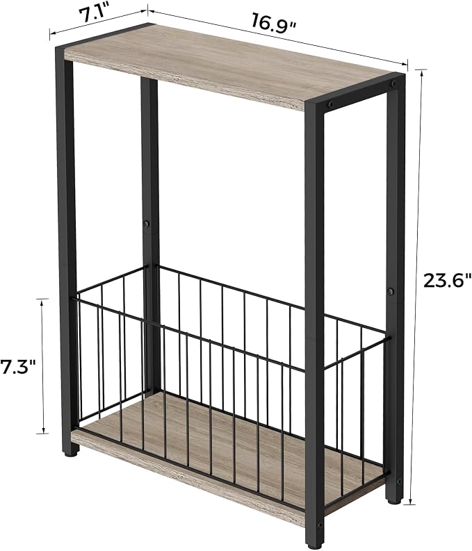 Homleke Narrow Side Tables Set of 2 with Magazine Holder, Skinny End Tables Perfect for Small Spaces, Space-Saving Design for Living Room, Bedroom, or Office, 7.1" D x 16.9" W x 23.6" H, Greige