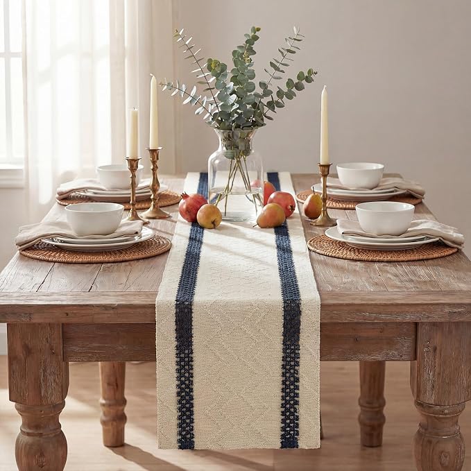 Artoid Mode Dark Blue Stripe Woven Table Runner, Seasonal Holiday Hollow Kitchen Dining Table Decoration for Home Party Decor 12x48 Inch