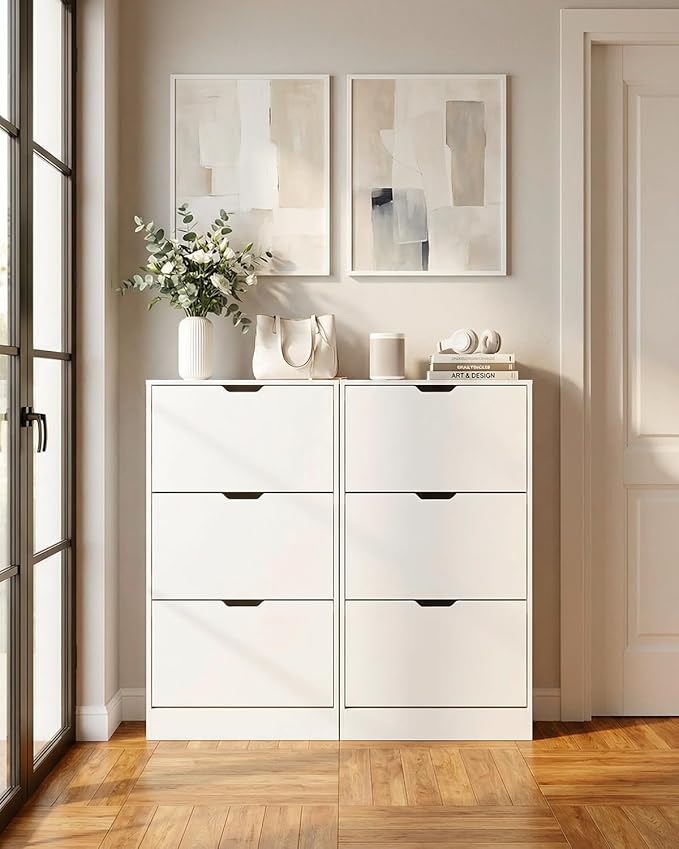 Shoe Cabinet with 3 Flip Drawers, Hidden Wood Shoe Cabinet，Narrow Shoe Rack Cabinet，Freestanding Organizer Storage for Hallway or Hallway, White