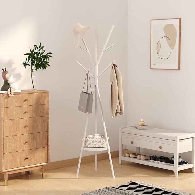 HOME BI Coat Rack Hat Stand Free Standing Display Hall Tree Metal Hat Hanger Garment Storage Holder with 9 Hooks for Clothes Hats and Scarves in White,17.72" Wx17.72 Dx70.87 H