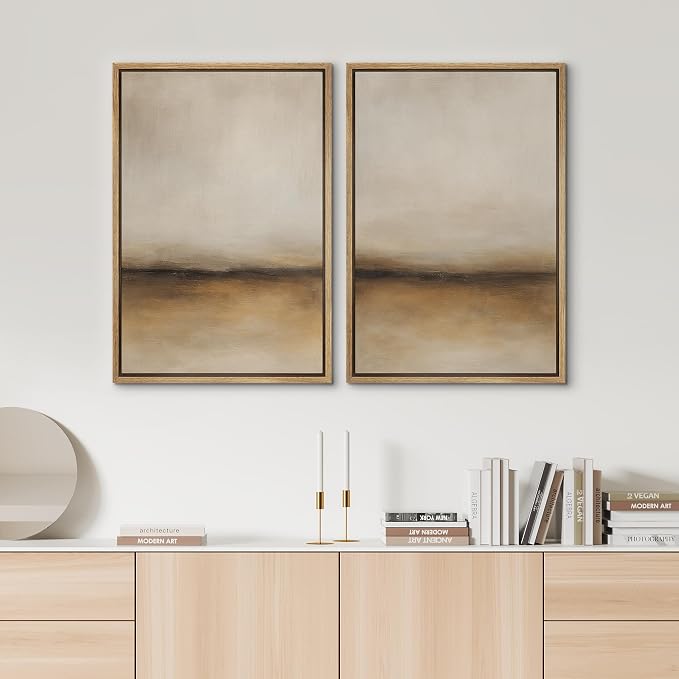 SIGNWIN Framed Canvas Print Wall Art Warm Horizon Abstract Minimalist Neutral Beige and Brown Landscape Illustrations Modern Art Minimal Calm for Living Room, Bedroom, Office - 16"x24"x2 Natural
