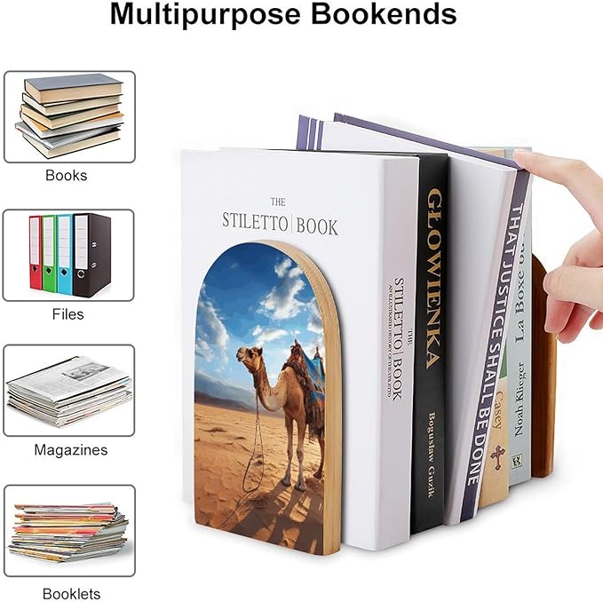 Camel Sky Book Ends Wooden Bookends Non-Skid Metal Base Heavy Duty Book Shelves Decor, Decorative Bookends for Books/CDs Bookshelf Table Home Decor