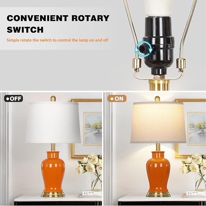 Ruzectt Orange Ceramic Lamps Set of 2, 23" Modern Table Lamps for Living Room, Stylish Bedroom Ginger Jar Lamps, Elegant Bedside Lamp for Night Stand Desk Side End Table Home Decor(Bulbs Included)
