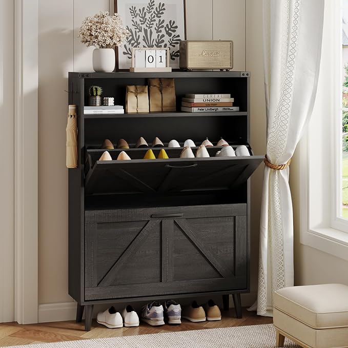 Halitaa Shoe Cabinet with 2 Flip Drawers & Open Storage,Farmhouse Shoe Storage Cabinet for Entryway,Freestanding Narrow Organizer Rack with Legs,Foyer,Hallway,Black