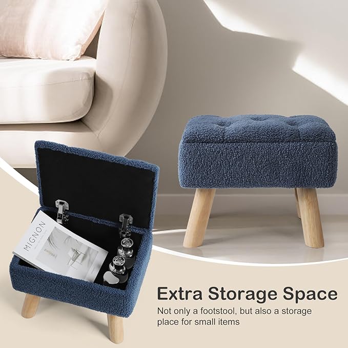 OGEMXU Storage Ottoman, Small Foot Stool Ottoman with Storage, Boucle Teddy Velvet Foot Rest with Padded Seat, Sturdy Wood Legs Stool for Living Room, Bedroom, Couch, Enterway (Dark Blue)