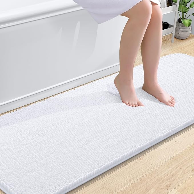 OLANLY Bathroom Runner Rugs 70x24, Extra Soft Absorbent Chenille Bath Rugs, Rubber Backing Quick Dry, Machine Washable Long Bath Mats for Bathroom Floor, Tub and Shower, Home Decor Accessories, White