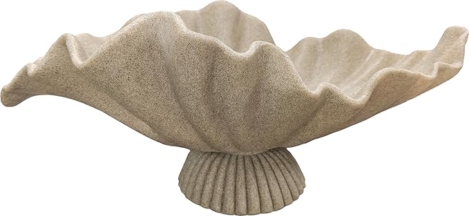 16" Large Decorative Bowl decor , Modern Home Decoration Scallop Bowl,Fashion Key Bowl for Entrance Table, Decorative Fruit Bowl for Kitchen Counter, Ruffle Decor, With Base, Artificial Stone Beige