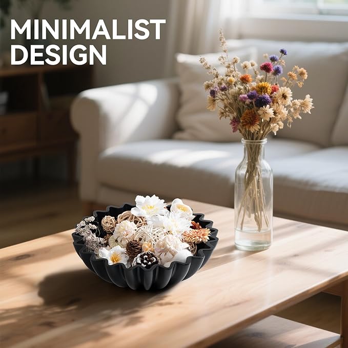 Large Decorative fruit bowl for Home Decor Modern Handicraft Key Bowl for Entryway Table Ruffle Centerpiece Stylish Purse Bowl for Kitchen Counter Coffee Table(Artificial Stone Black)