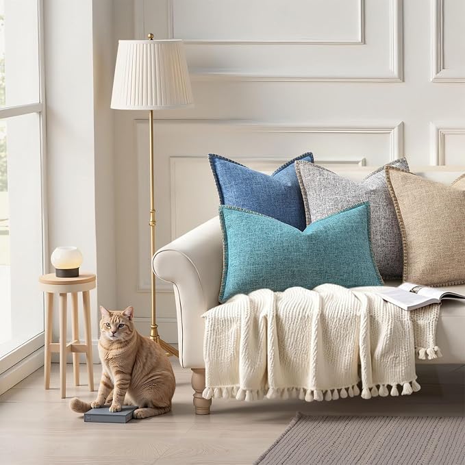 decorUhome Summer Decorative Throw Pillow Covers 22x22 Set of 2 Square Faux Linen Farmhouse Euro Sham Pillow Covers with Stitched Edge Outdoor Pillow Covers for Couch Sofa Living Room, Taupe