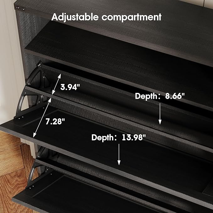 Halitaa Shoe Cabinet with 2 Flip Drawers & Open Storage,Farmhouse Shoe Storage Cabinet for Entryway,Freestanding Narrow Organizer Rack with Legs,Foyer,Hallway,Black