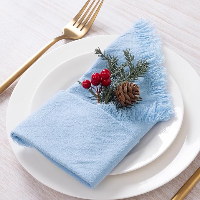 DeZerlor 6 Pack Baby Blue Cotton Linen Napkins with Fringe Summer Cloth Napkins Set of 6 Boho Handmade Dinner Napkins Bulk for Wedding Bridal Baby Shower Parties, 17 x 17 Inches