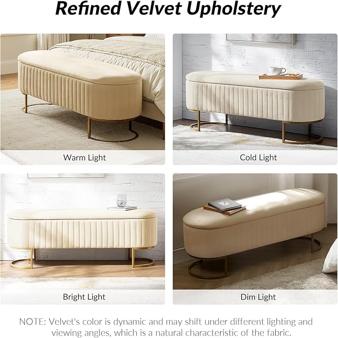 50.5” Velvet Storage Ottoman Bench with Gold-Toned Legs, Luxury Upholstered End of Bed Multi-Functional Footrest & Seat for Bedroom & Entryway