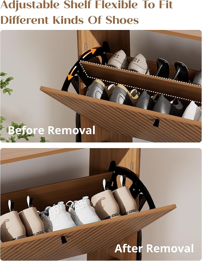 31.5" Shoe Cabinet Storage for Entryway with 2 Flip Drawers, Wood Fluted Narrow Shoe Cabinet for Hallway, Walnut