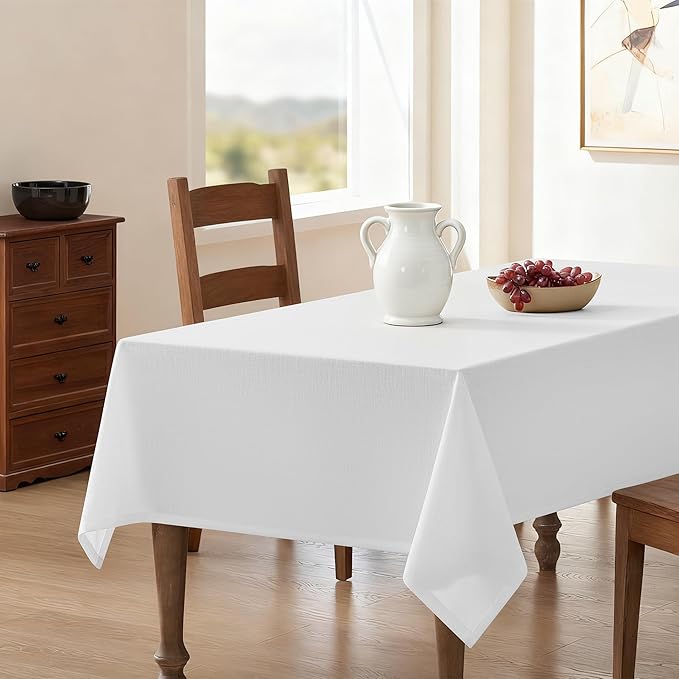White Linen Square Tablecloth Neutral Wrinkle-Proof Faux Burlap Table Clothes for Dining 55 x132