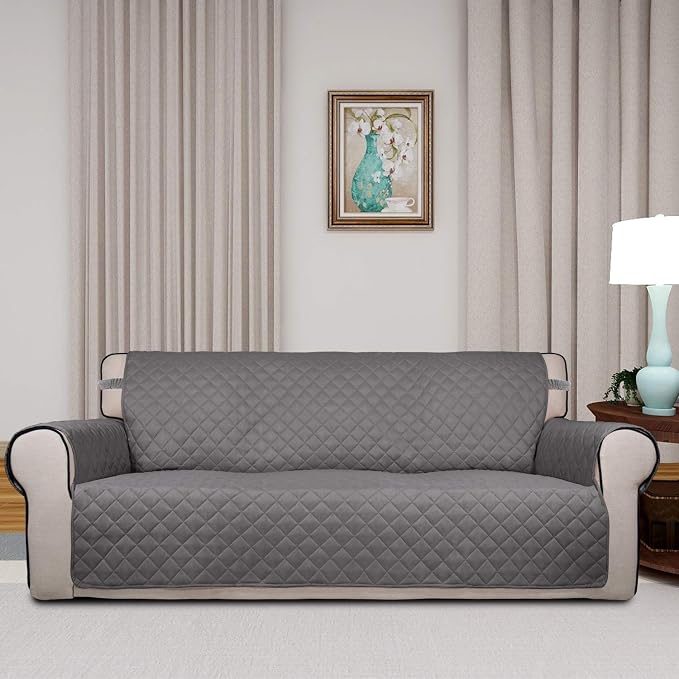PureFit Reversible Quilted Sofa Cover, Water Resistant Slipcover Furniture Protector, Washable Couch Cover with Non Slip and Elastic Straps for Kids, Dogs, Pets (Oversized Sofa, Gray/Light Gray)