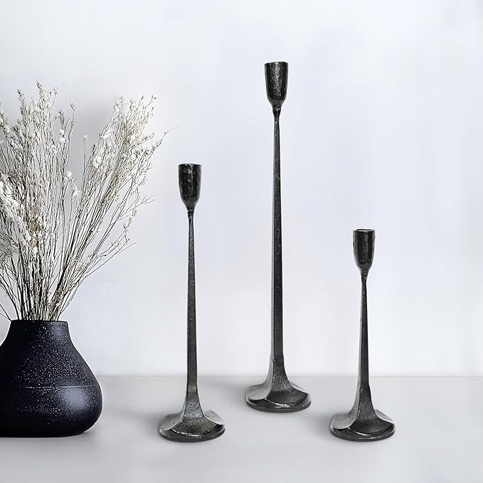 Iron Taper Black Candle Holder Set of 3, Heavy Duty Tall Taper Candle Stand, Table Centerpiece Candlestick Holder Set for Home Decoration, Wedding, Dining Table