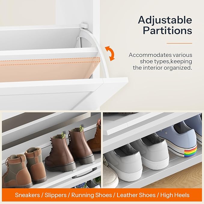 HOOBRO Shoe Cabinet, Narrow Shoe Storage Cabinet with 2 Flip Drawers, Hidden Shoe Rack with Adjustable Divider and Metal Legs, Space-Saving for Entryway, Hallway, White WT21SC01