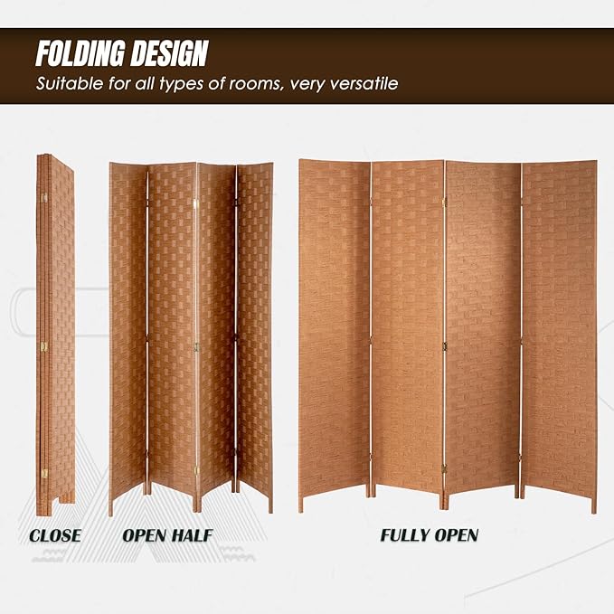 PayLessHere Room Divider 6FT Wood Mesh Hand-Woven Room Divider, 4-Panel Indoor Folding Portable Partition Screen,Natural