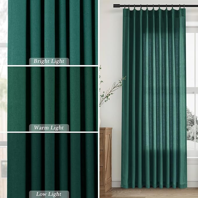 Aersas Dark Green Pinch Pleated Linen Curtains 102 Inch Length 2 Panels for Living Room Bedroom Semi Sheer Window Curtain Boho Neutral Back Tab Pinch Pleat Drape with Hooks 40x102